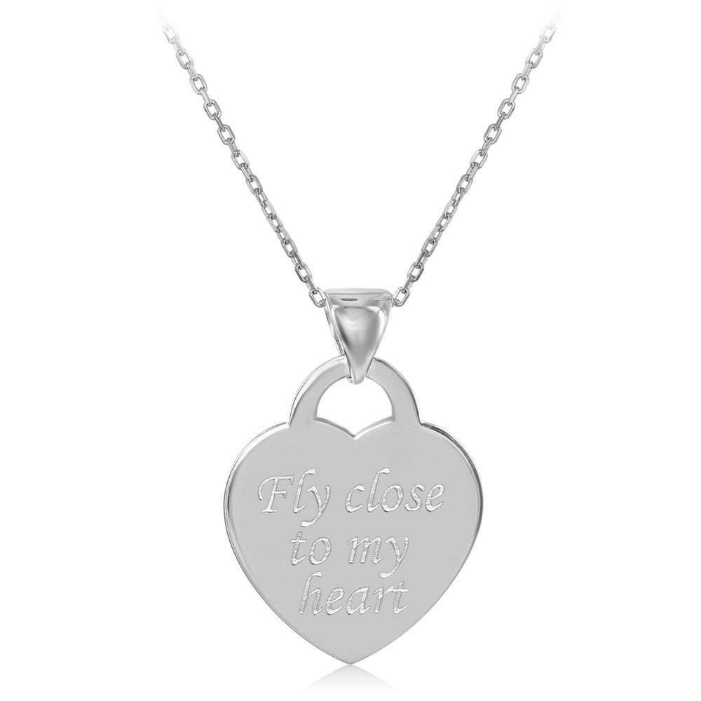 Sterling Silver Flat Heart "Fly Close To My Heart" Pendant W/Chain