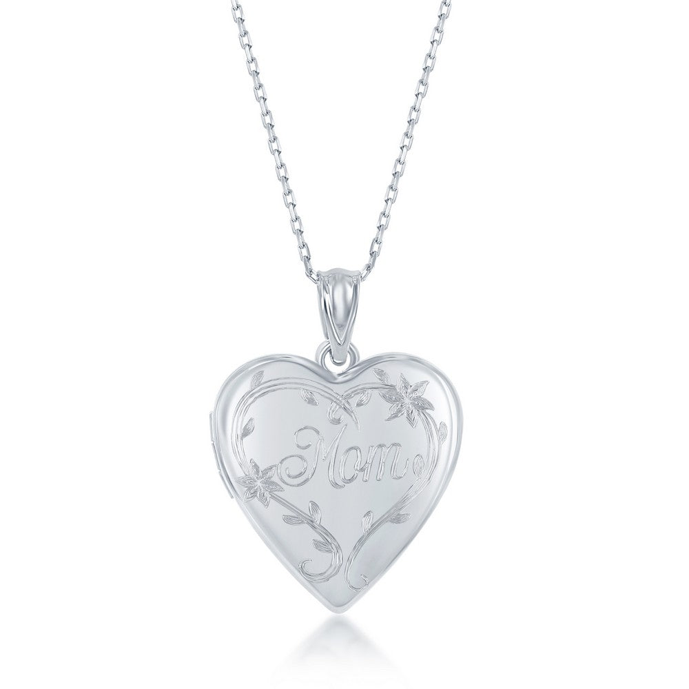 Sterling Silver Polsihed Designed 'Mom' Heart Locket W/chain