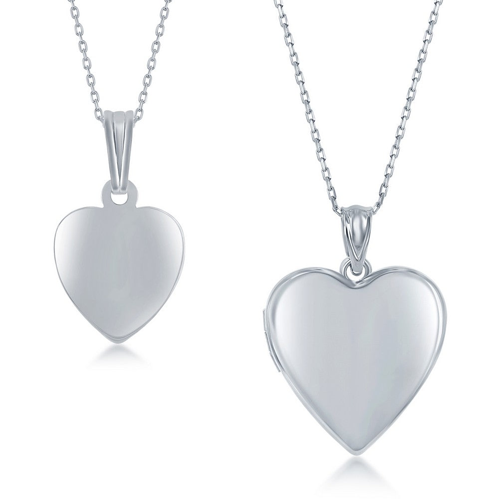 Sterling Silver 2PC Mother & Daughter Set, Heart Pendant + Locket - Polished