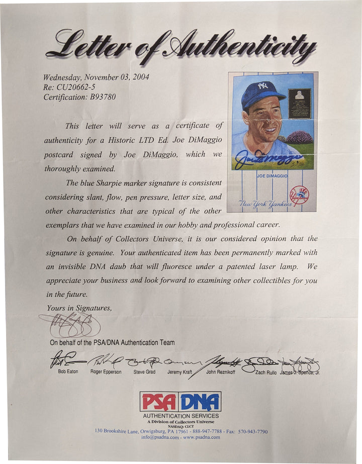 Joe Dimaggio Autographed Postcard PSA Authenticated