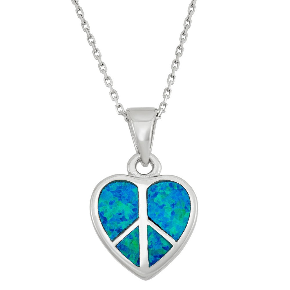 Sterling Silver Blue Inlay Opal Peace Sign Heart Pendant