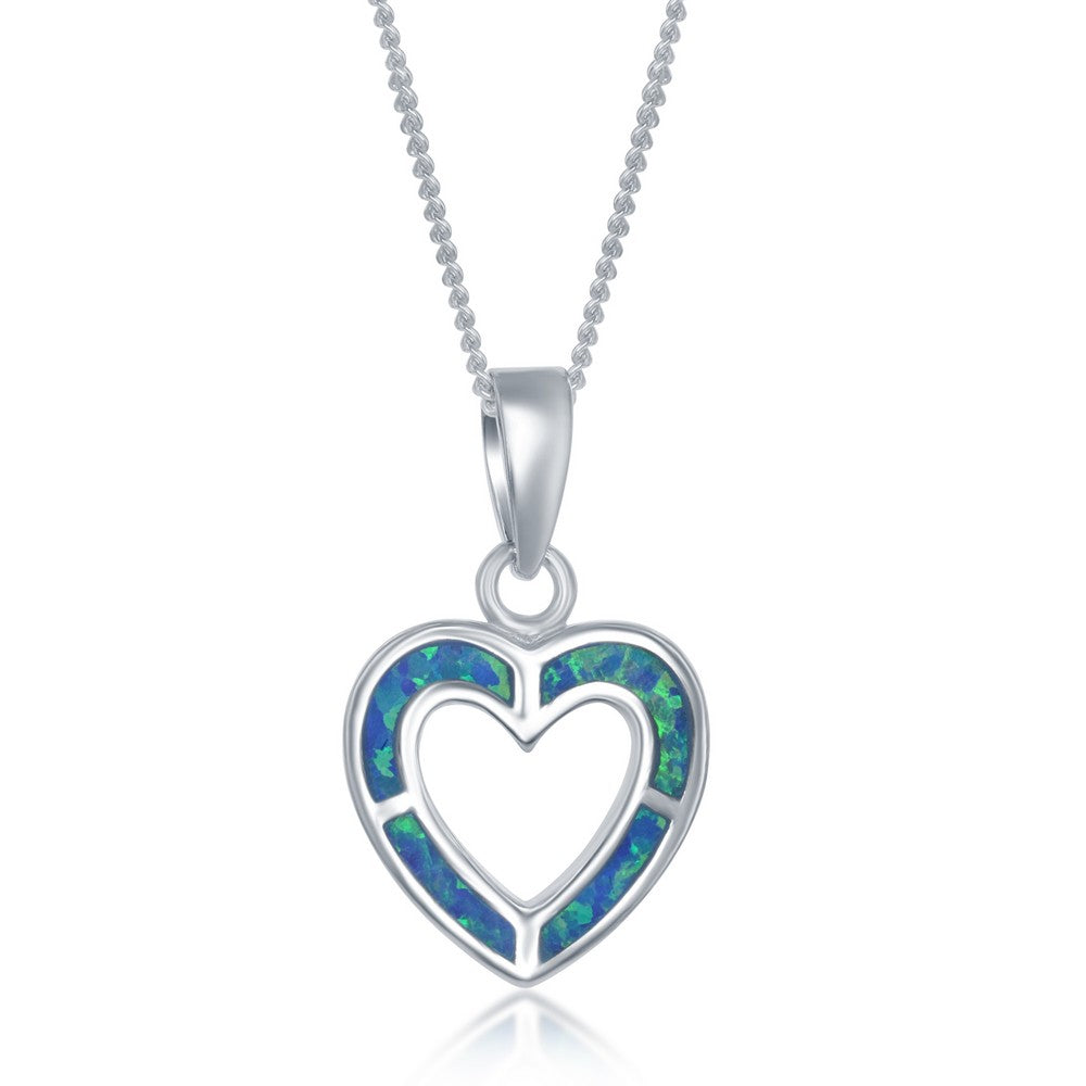 Sterling Silver Blue Inlay Opal Open Heart Pendant