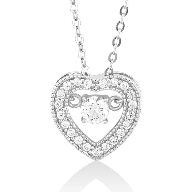Sterling Silver Micro Pave with Center Dancing/Shimmering CZ Heart Pendant W/Chain