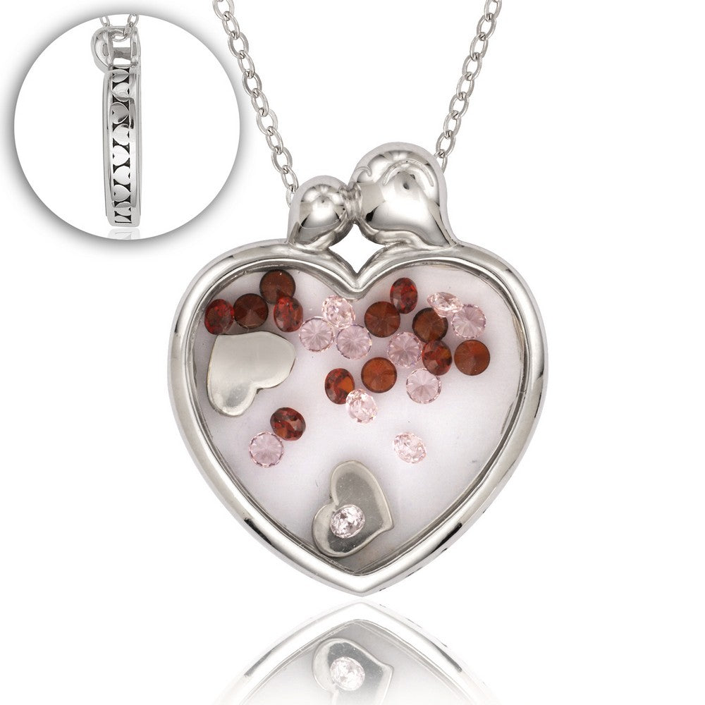 Sterling Silver Heart with Red and Pink Crystals and Hearts Inside Window Pendant