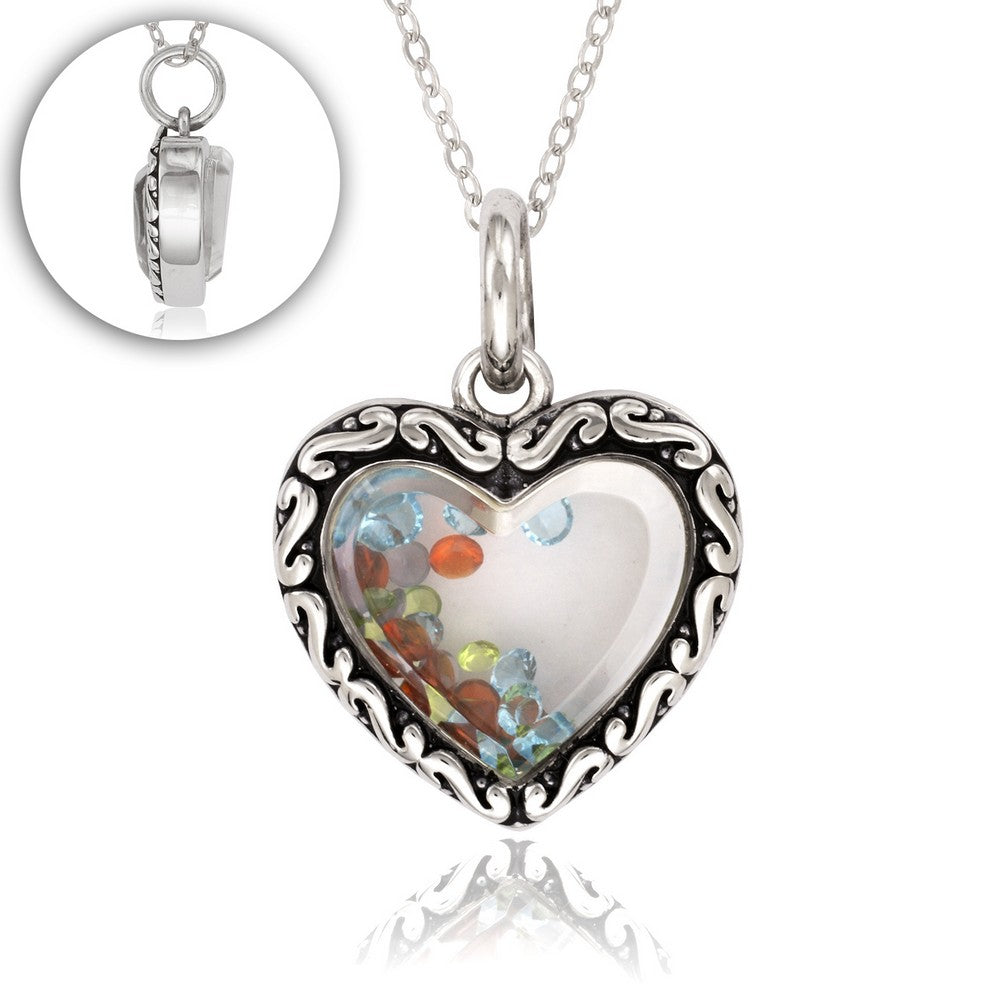 Sterling Silver Heart with Red, Blue, and Green Crystals Inside Window Pendant