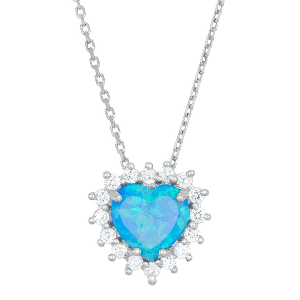 Sterling Silver Blue Inlay Opal Heart with CZ Border Pendant