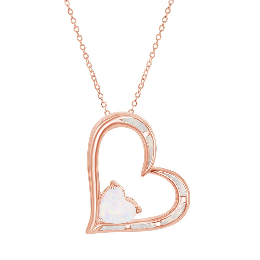 Sterling Silver White Inlay Opal Double Heart Pendant - Rose Gold Plated