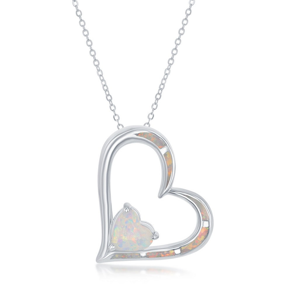 Sterling Silver White Inlay Opal Double Heart Pendant