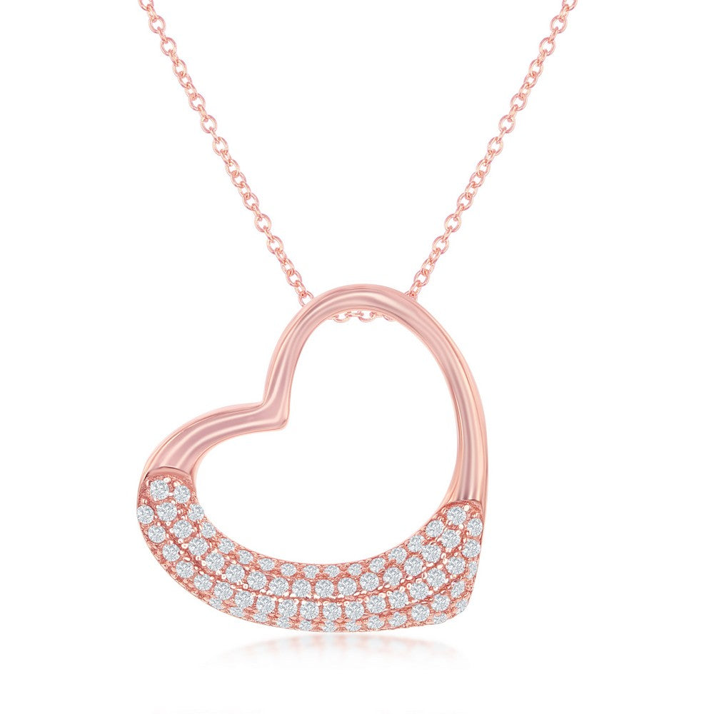 Sterling Silver Half Micro Pave Heart Pendant - Rose Gold Plated