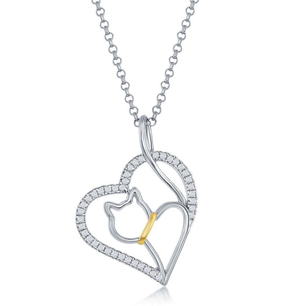 Sterling Silver CZ Heart with Center Cat Cut-Out Pendant