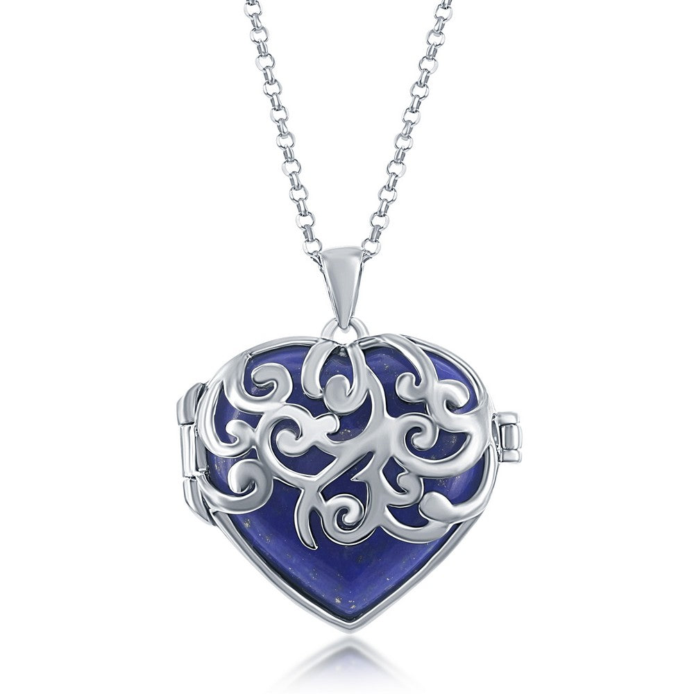 Sterling Silver Designed Heart Locket W/Chain - Lapis