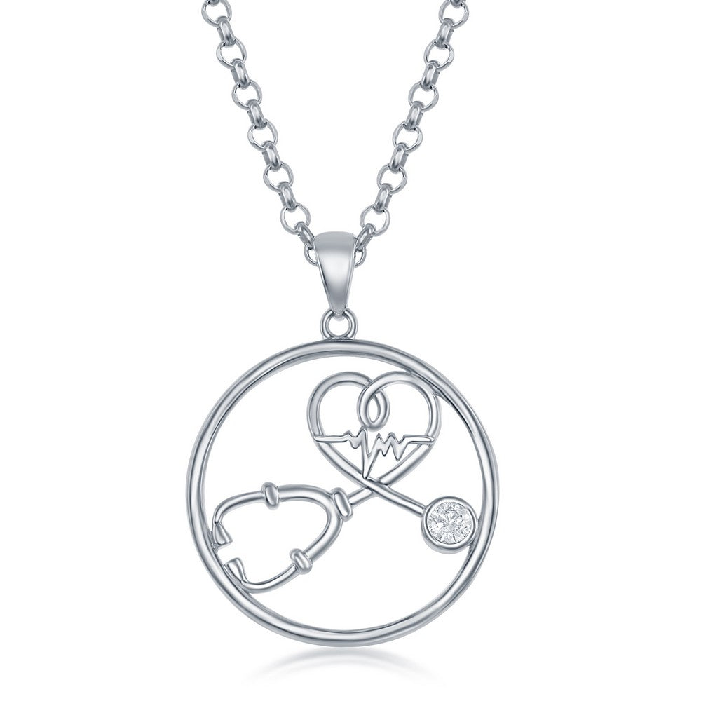 Sterling Silver CZ Stethoscope Heartbeat Pendant