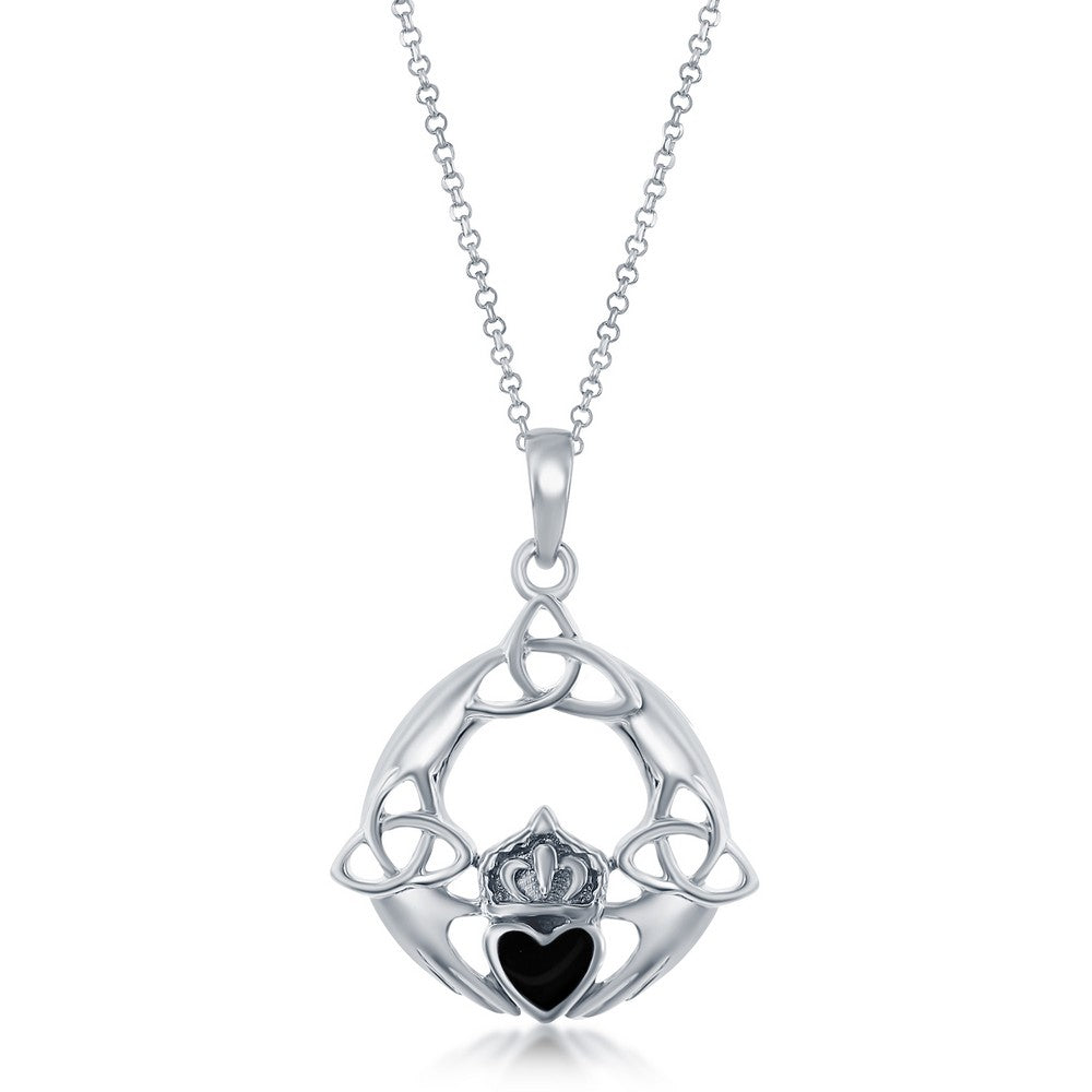 Sterling Silver Heart Celtic Claddagh Design Pendant - Onyx