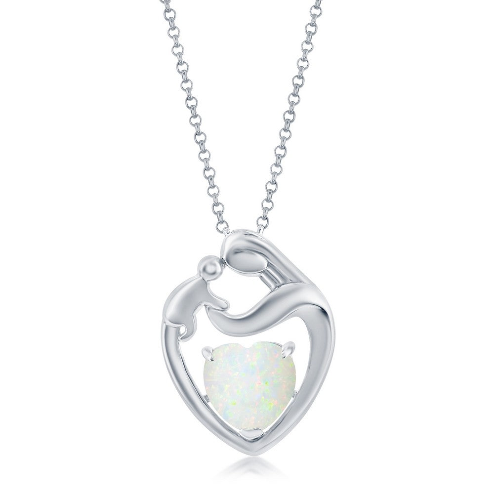Sterling Silver White Opal Heart Mother & Child Pendant
