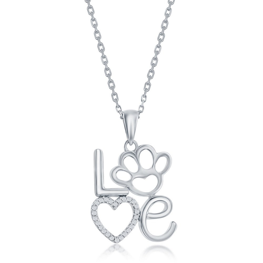 Sterling Silver 'LOVE' w/ Open CZ Heart and Paw Print Pendant