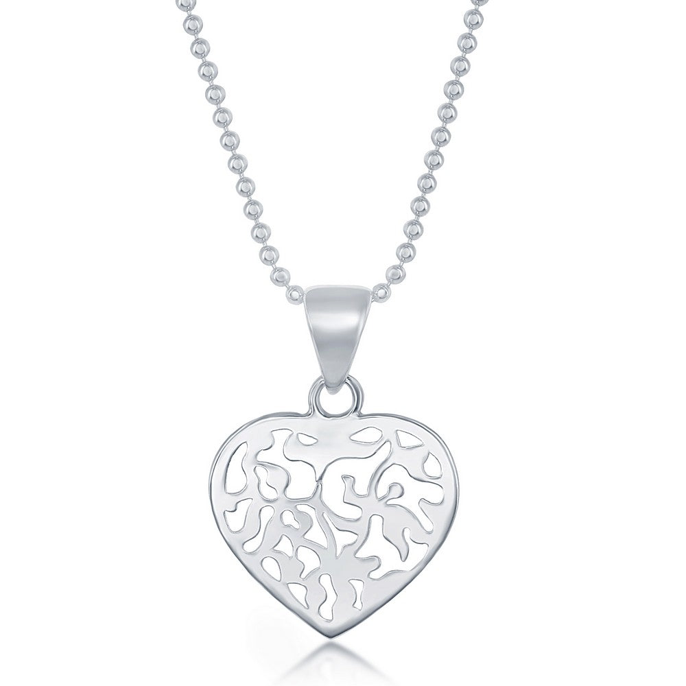 Sterling Silver Diamond Cut Bead Chain w/Flat Heart Necklace