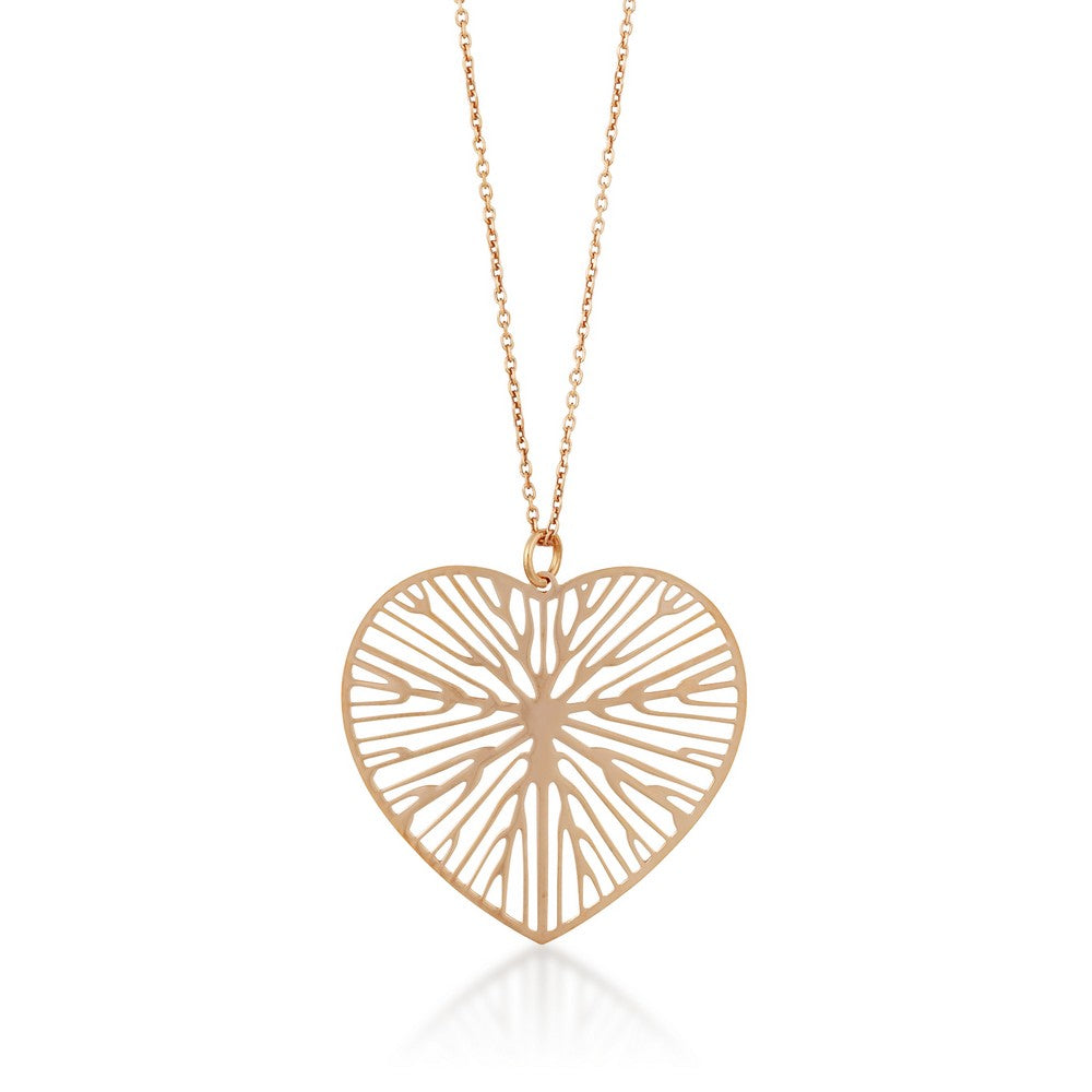 Sterling Silver Large Open Heart with Branch Design Necklace - Rose Gold Plated