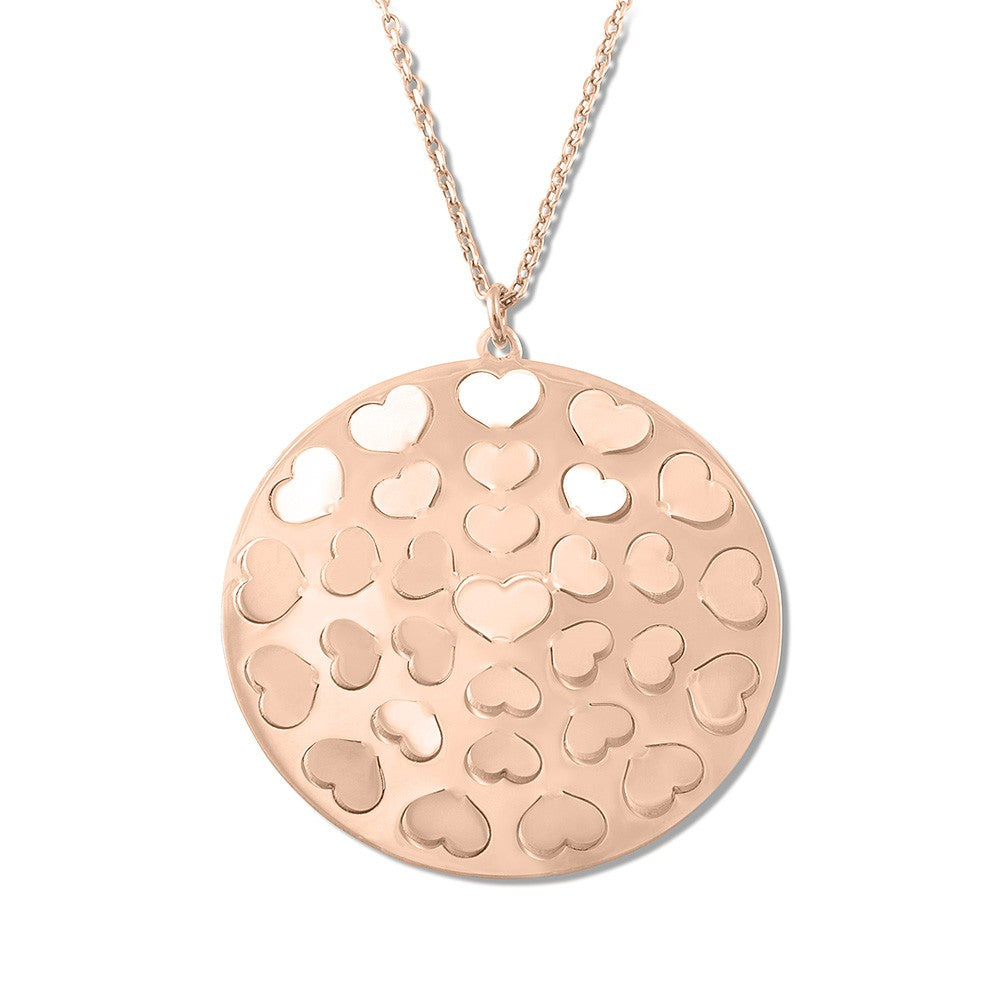 Sterling Silver Partially Cut Out Hearts on Round Disc Necklace - Rose Gold Plated
