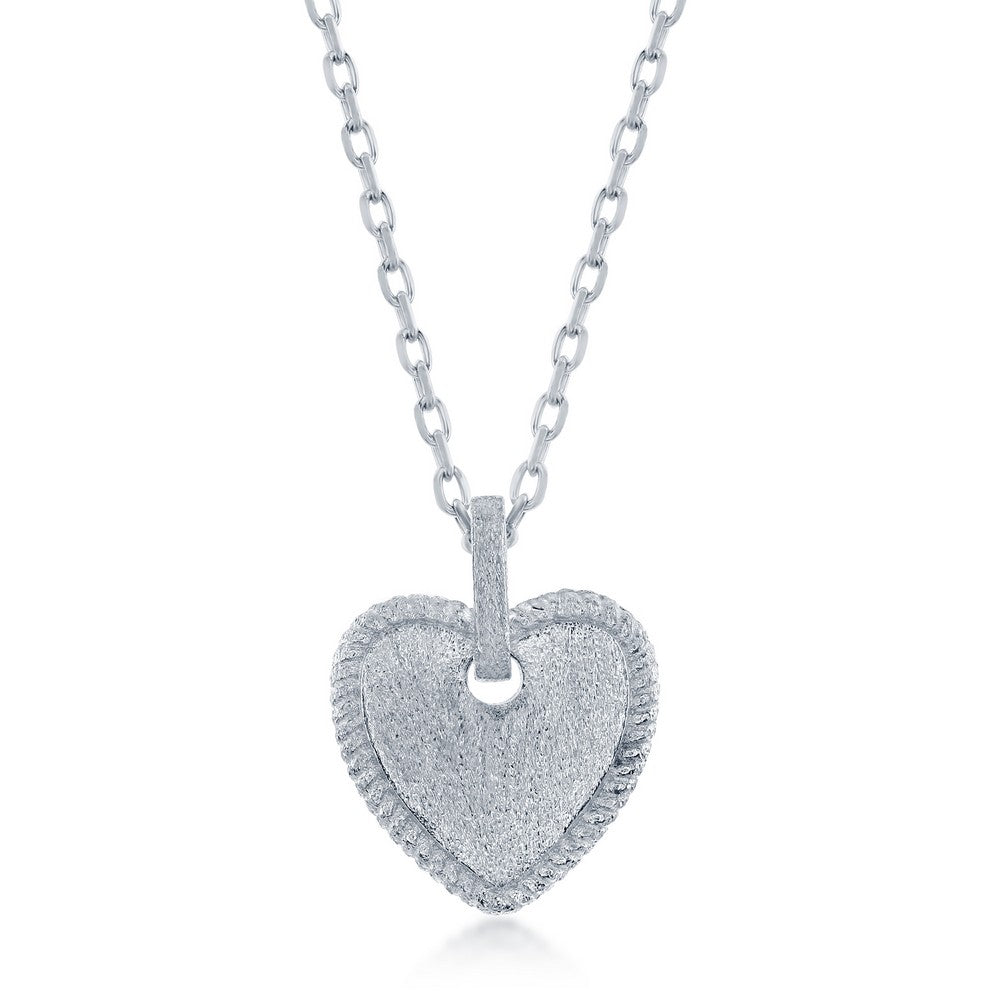 Sterling Silver Matte Heart with Rope Design Border Necklace