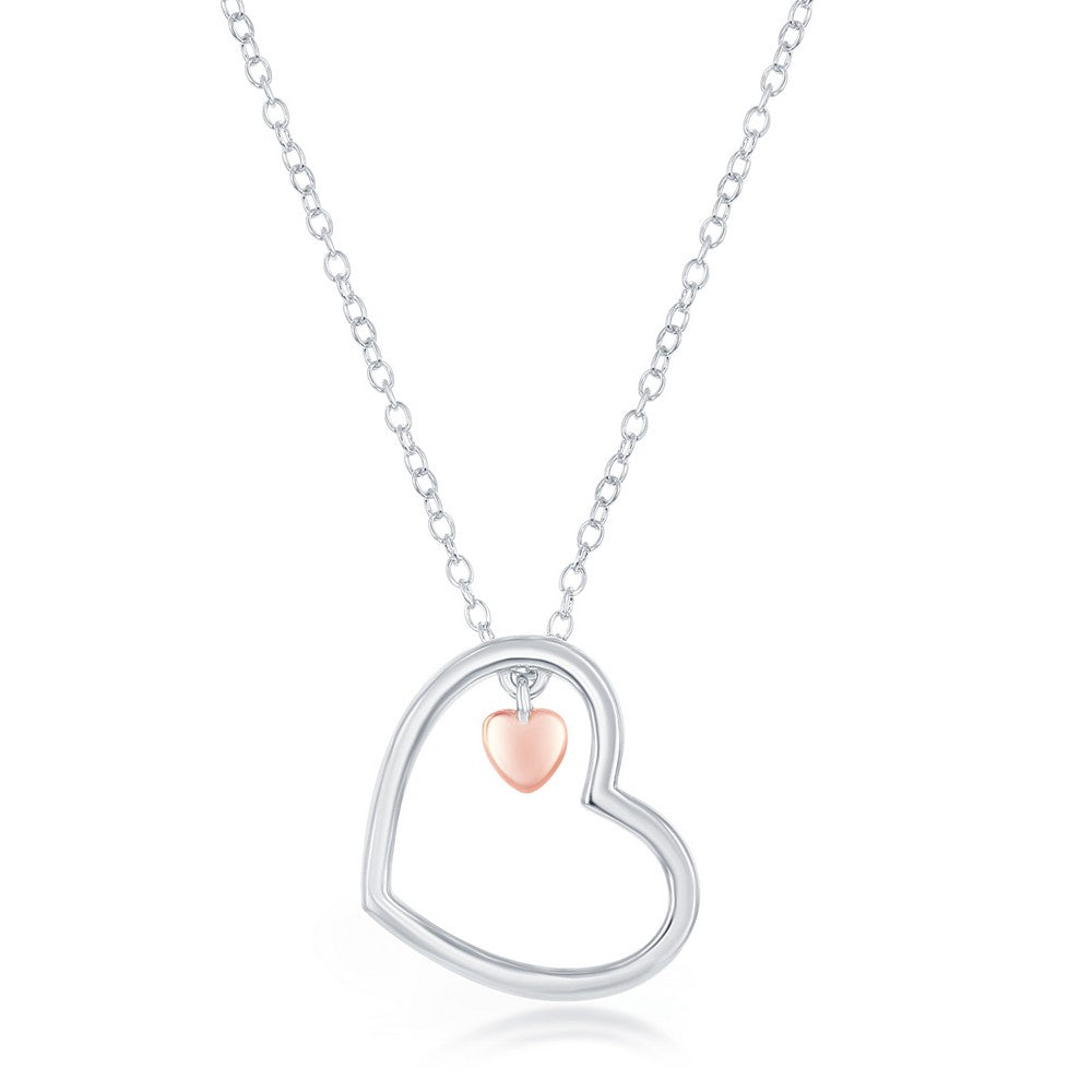 Sterling Silver Heart Open with Small Rose Gold Heart Charm Necklace