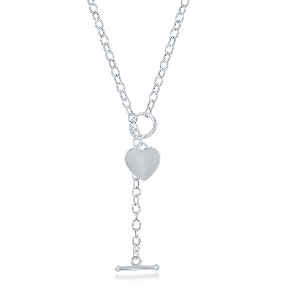 Sterling Silver Engravable Heart Charm Rolo Chain Toggle Necklace