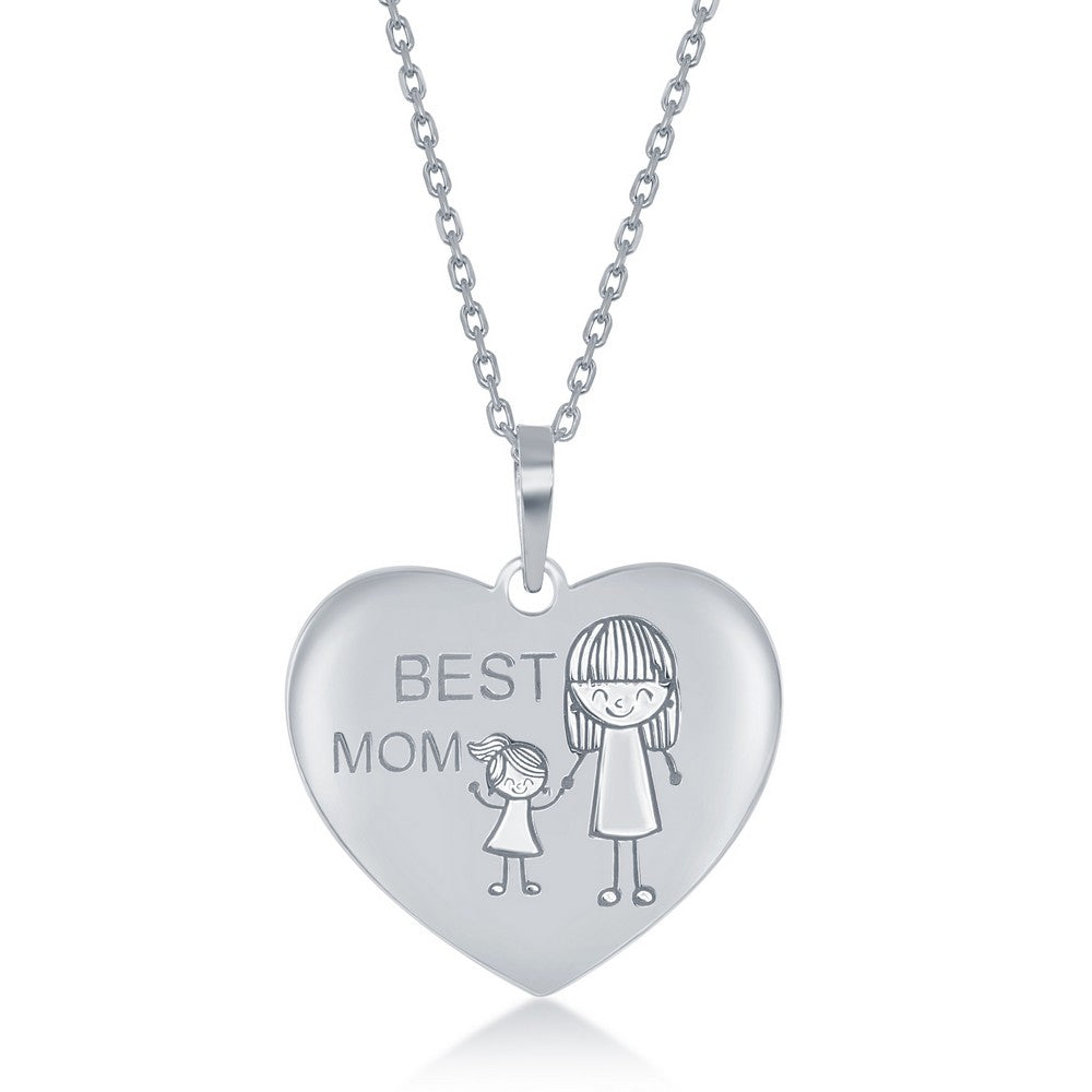 Sterling Silver Engraved 'Best Mom' Mom and Daughter Heart Necklace