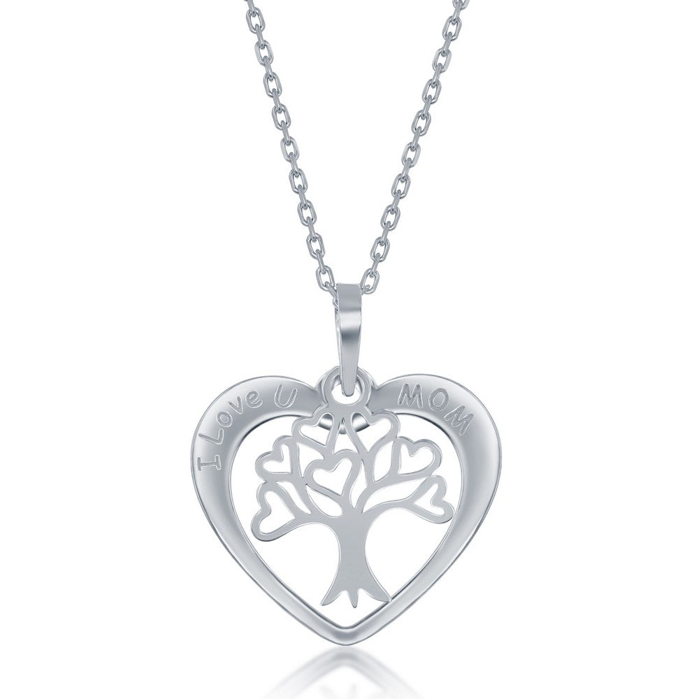 Sterling Silver 'I Love u Mom' Heart w/ Tree of Life Charm Necklace