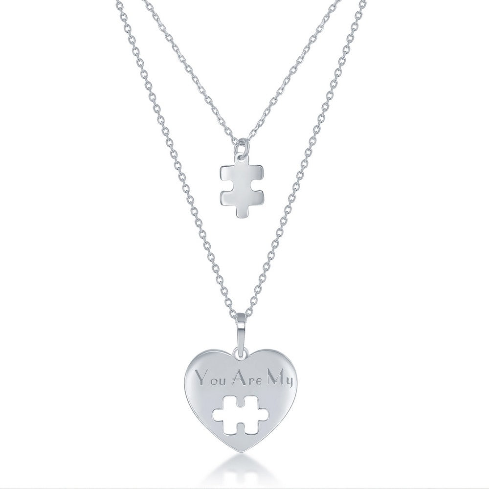 Sterling Silver 2PC, Puzzle Piece Necklace Set - '16+2" 'You Are My' Heart, 14+2" Puzzle Piece