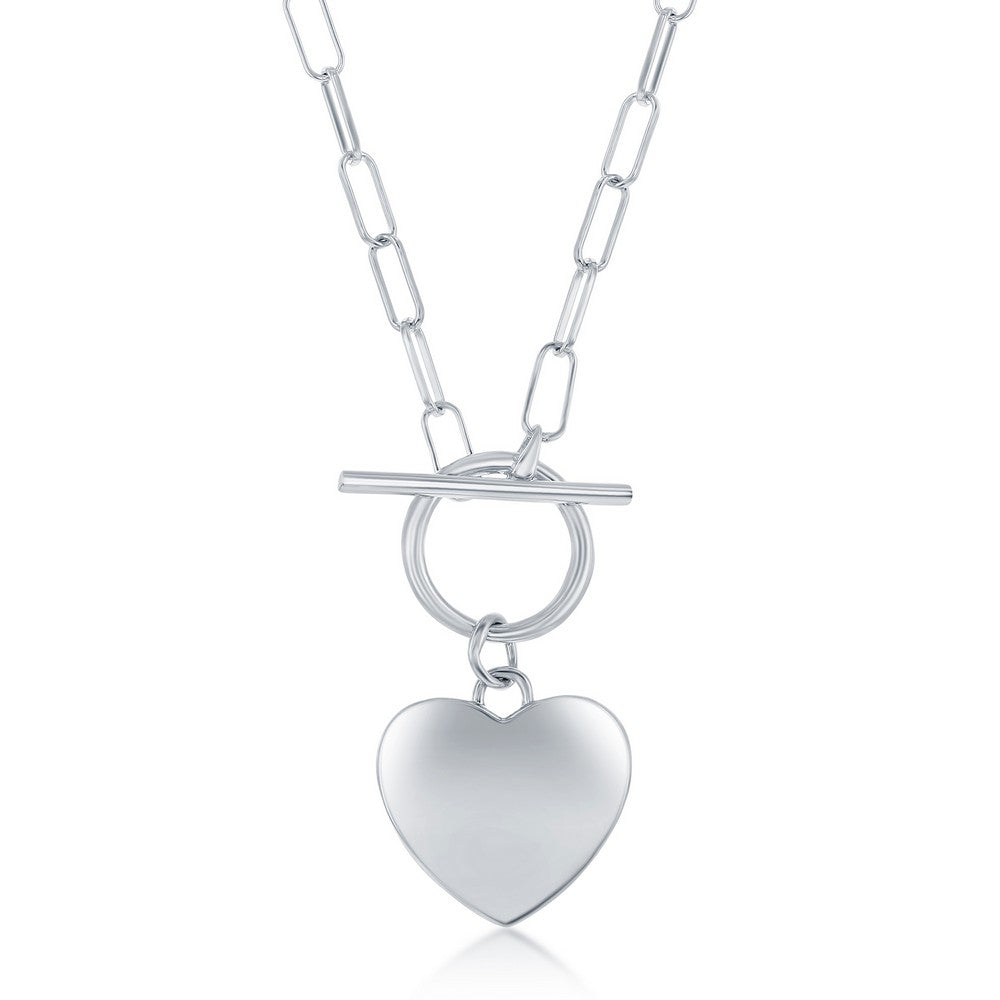 Sterling Silver Shiny Heart, Paperclip Chain & Toggle Necklace