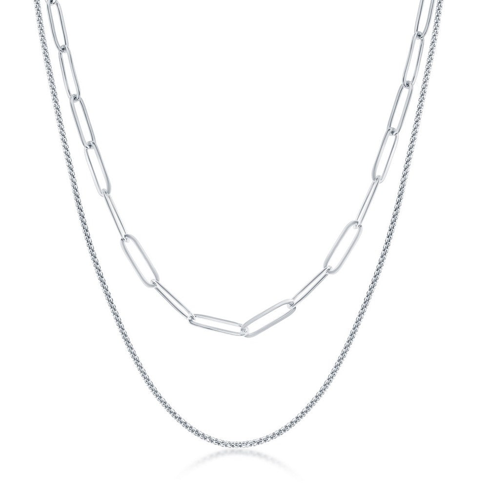 Sterling Silver Layered Paperclip and Popcorn Chain Necklace