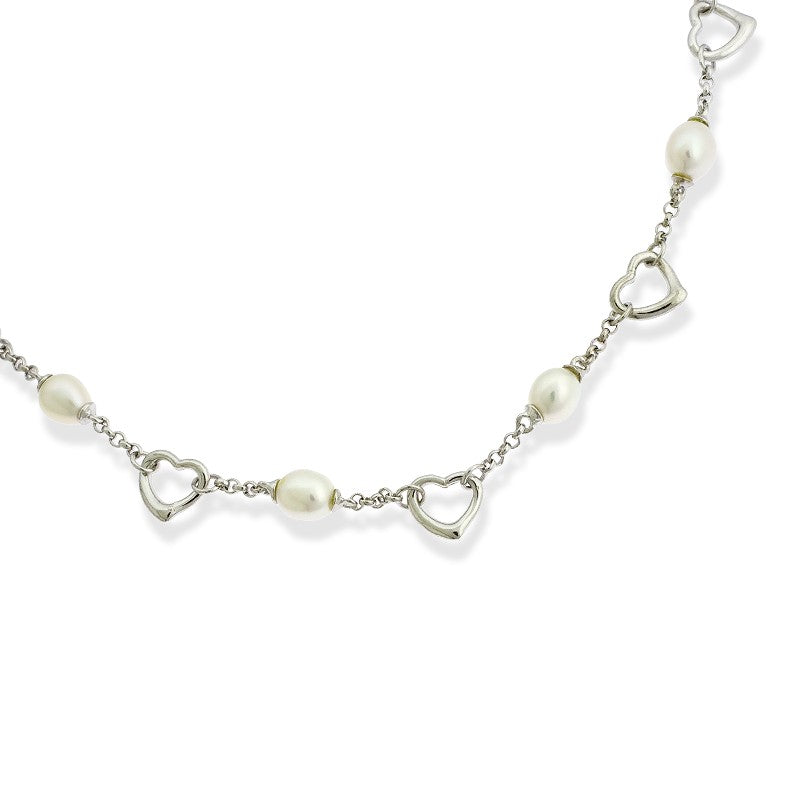 Sterling Silver Alternating Open Hearts and FWP Pearls Necklace
