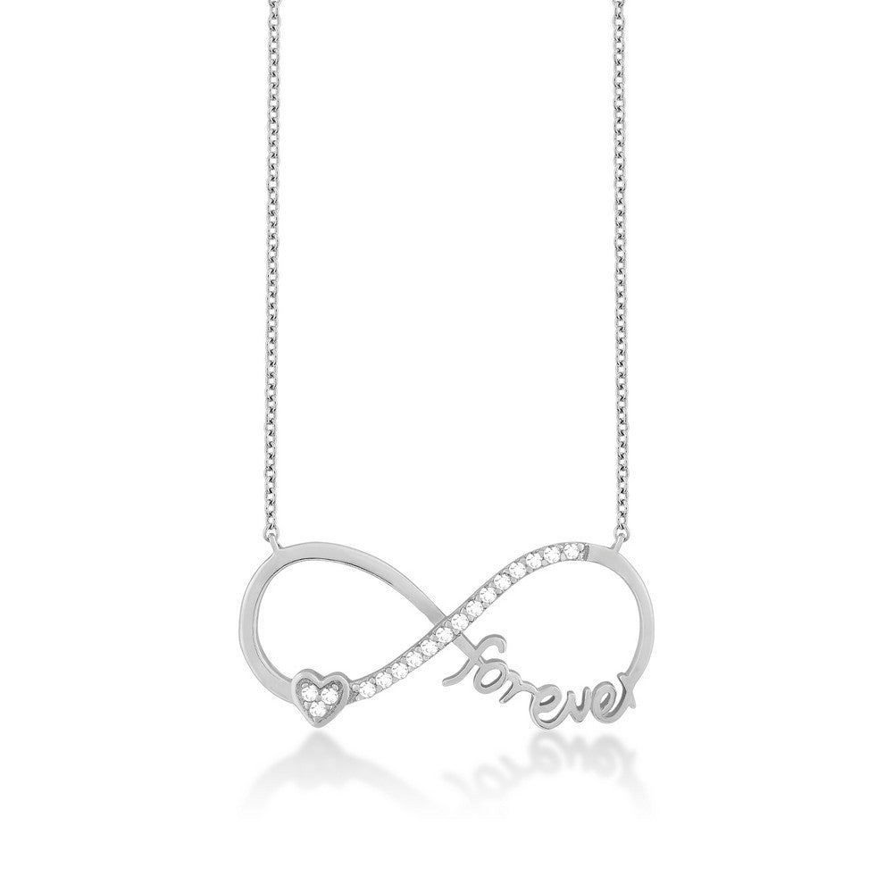 Sterling Silver Half CZ With Small Heart "Forever" Infinity Necklace