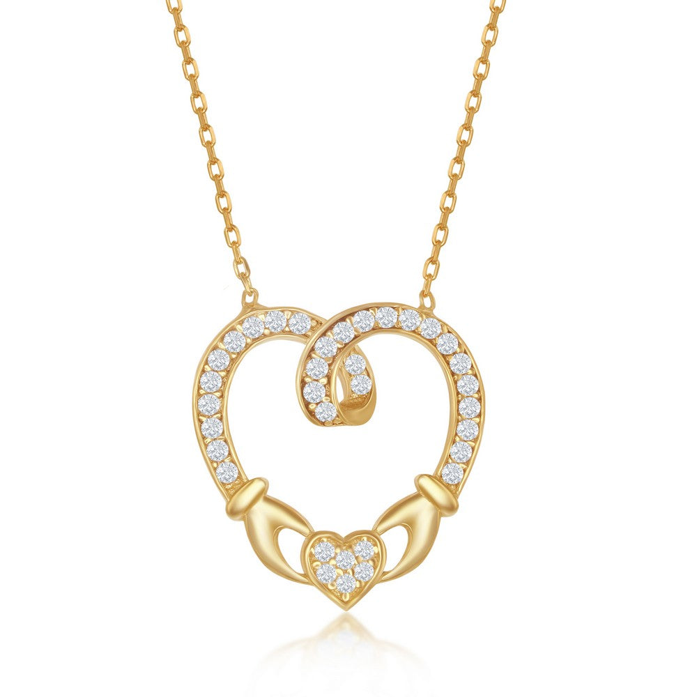 Sterling Silver CZ Claddagh Style Heart Necklace - Gold Plated