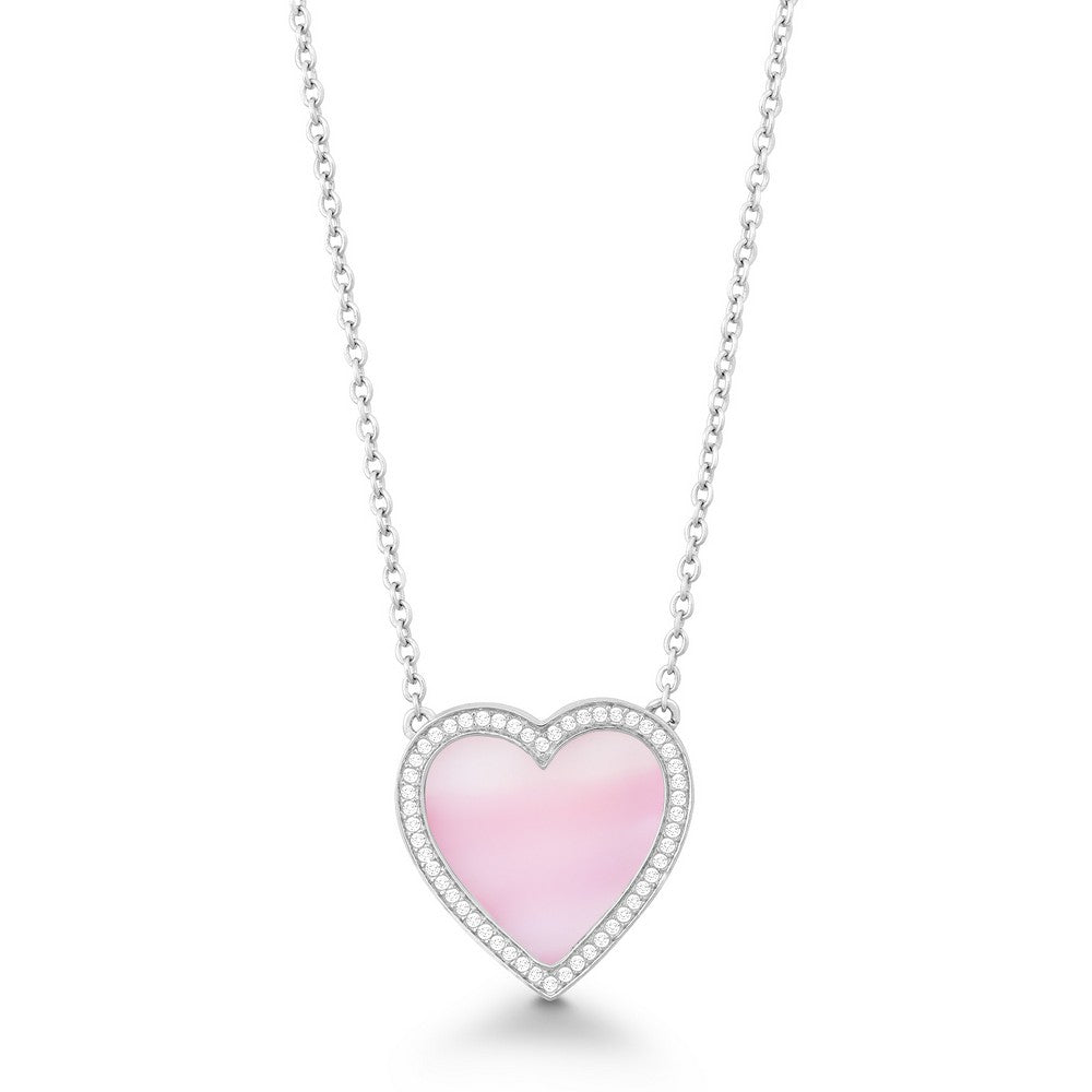 Sterling Silver CZ Outline Heart with Pink MOP Necklace
