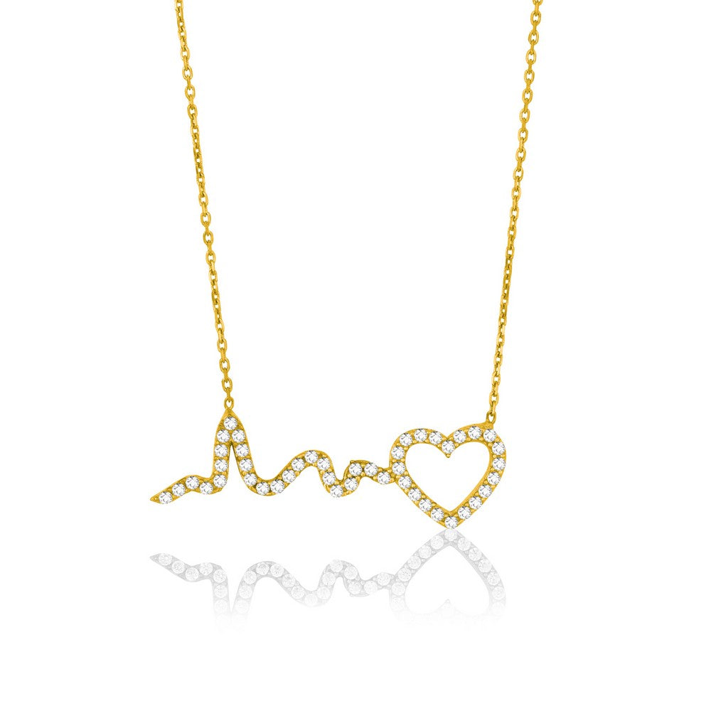 Sterling Silver CZ Heart Heartbeat Necklace - Gold Plated