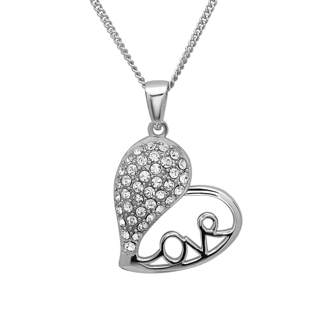 Sterling Silver Half CZ Heart, Half Open with LOVE Necklace