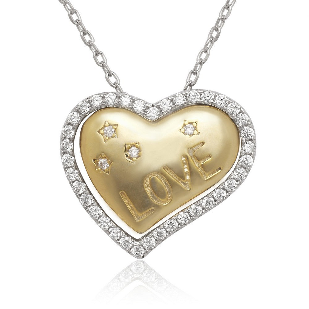 Sterling Silver GP Heart with CZs and LOVE Inscription Inside Open CZ Heart Necklace