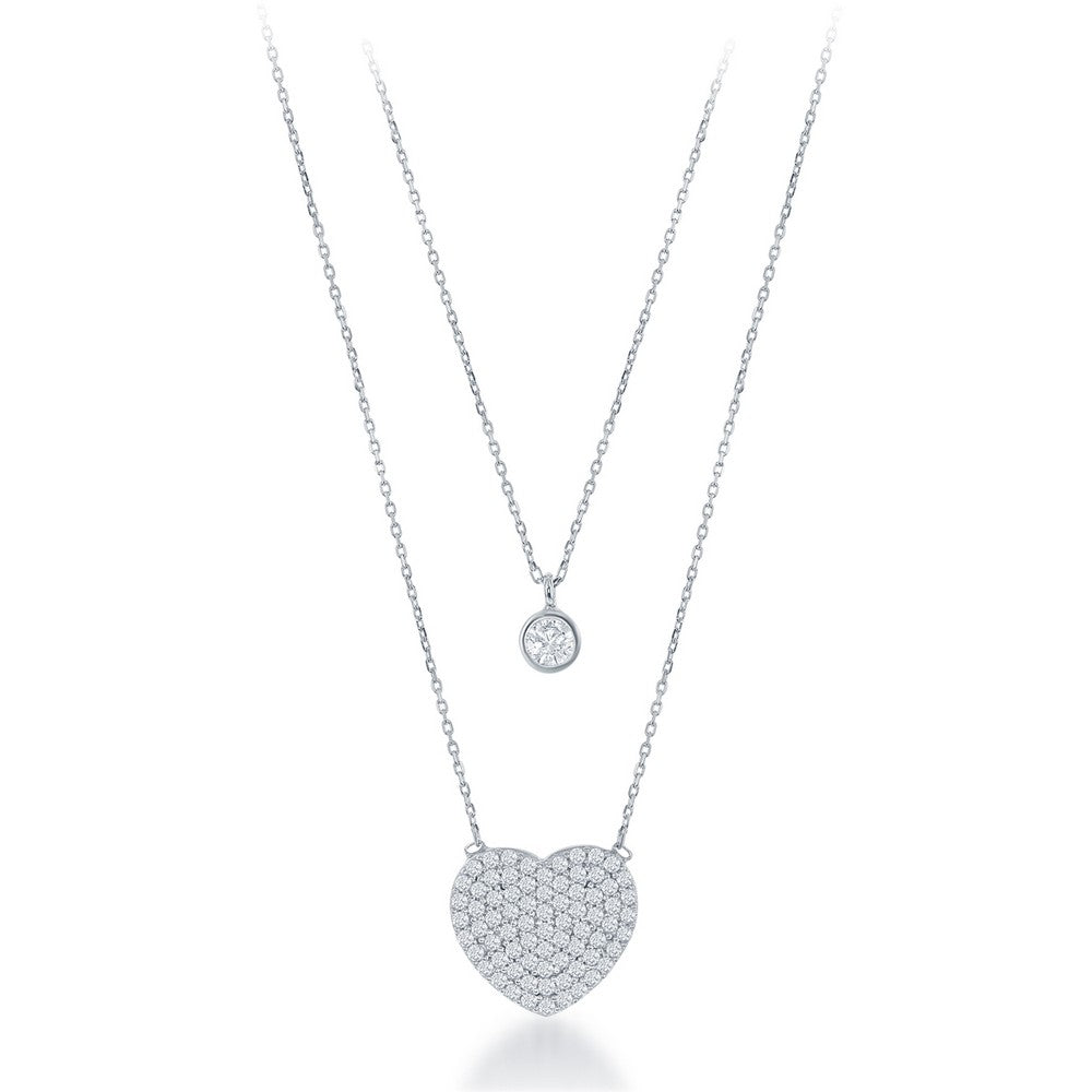 Sterling Silver 18" Small CZ and CZ Heart Double Strand Necklace