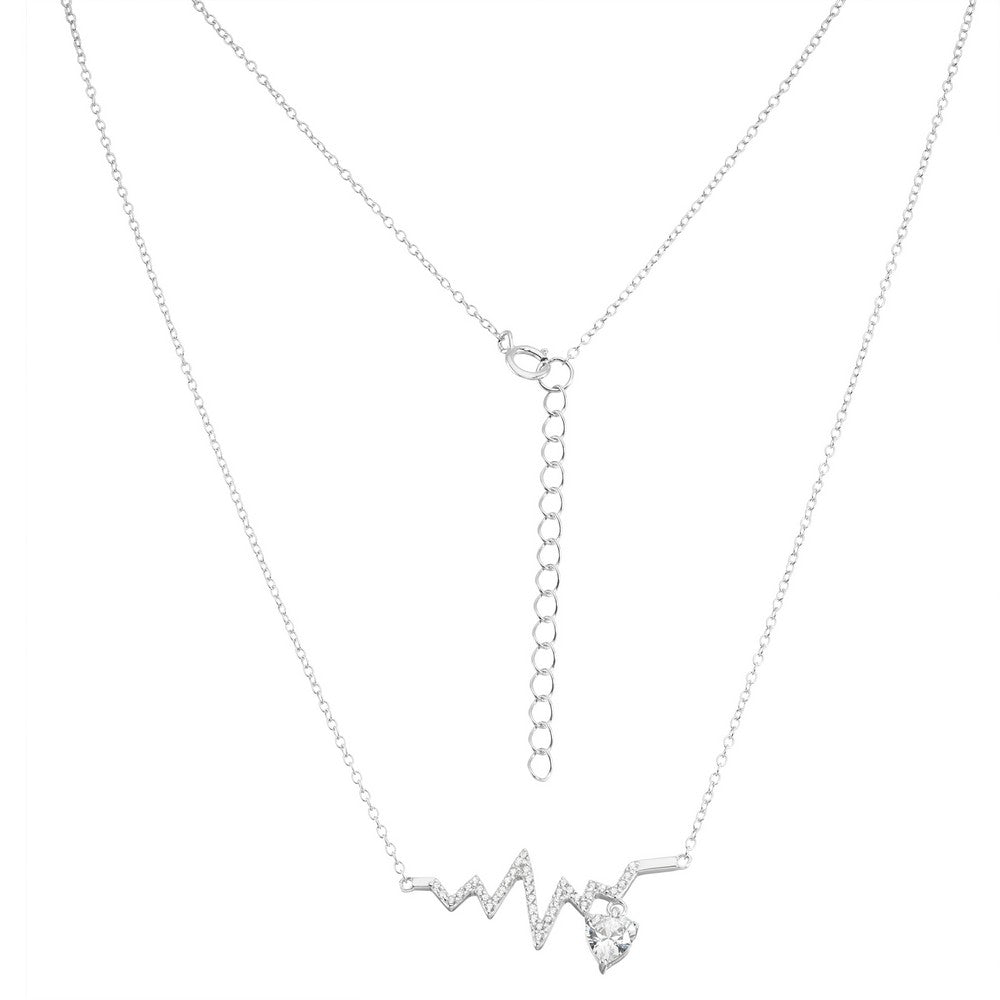 Sterling Silver CZ Heartbeat with Dangling Heart CZ Necklace