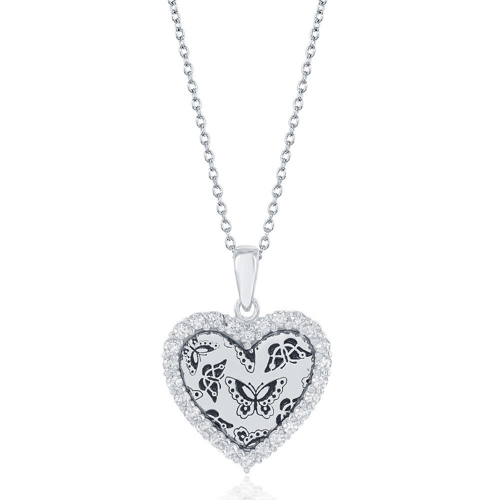 Sterling Silver CZ Border Heart with Butterfly Design Necklace