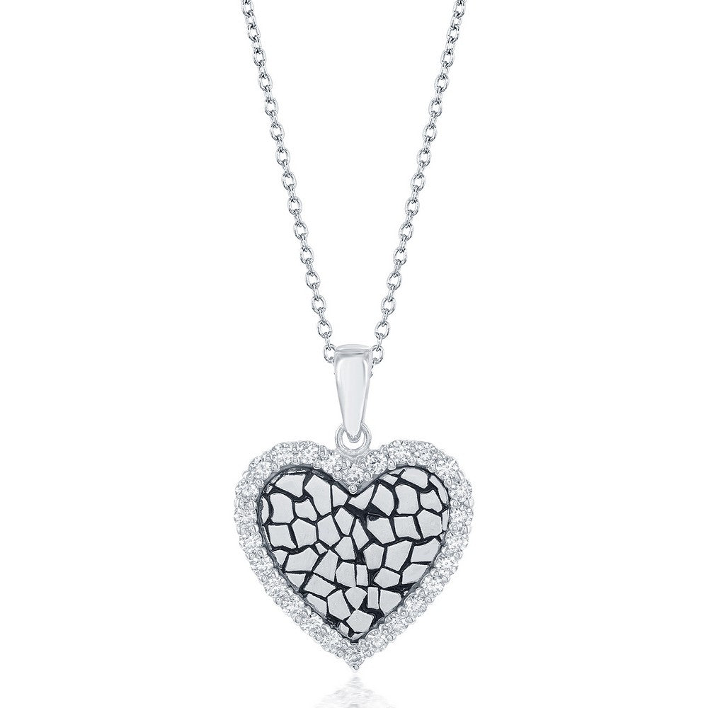 Sterling Silver CZ Border Heart with Cobblestone Design Necklace