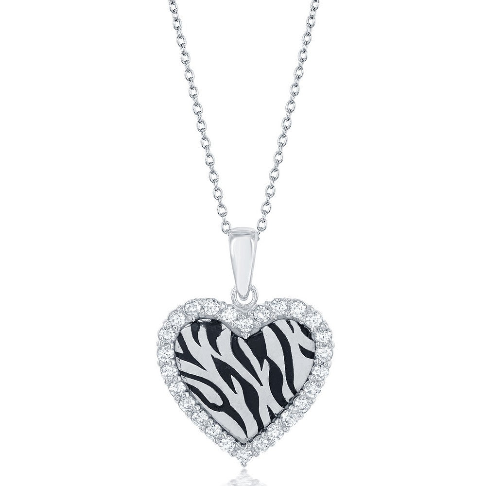 Sterling Silver CZ Border Heart with Zebra Design Necklace