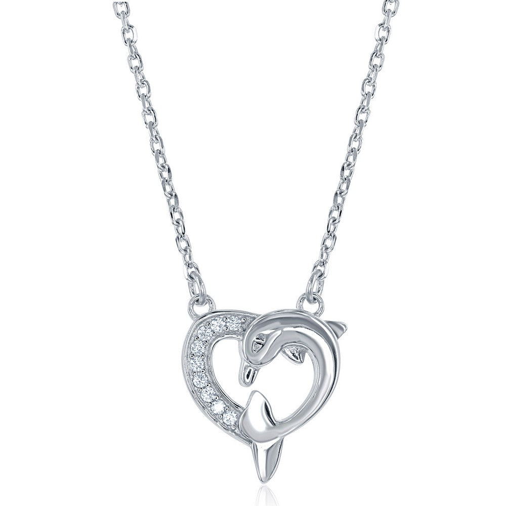 Sterling Silver 16.5+2" Half CZ Heart Half Shiny Dolphin Necklace