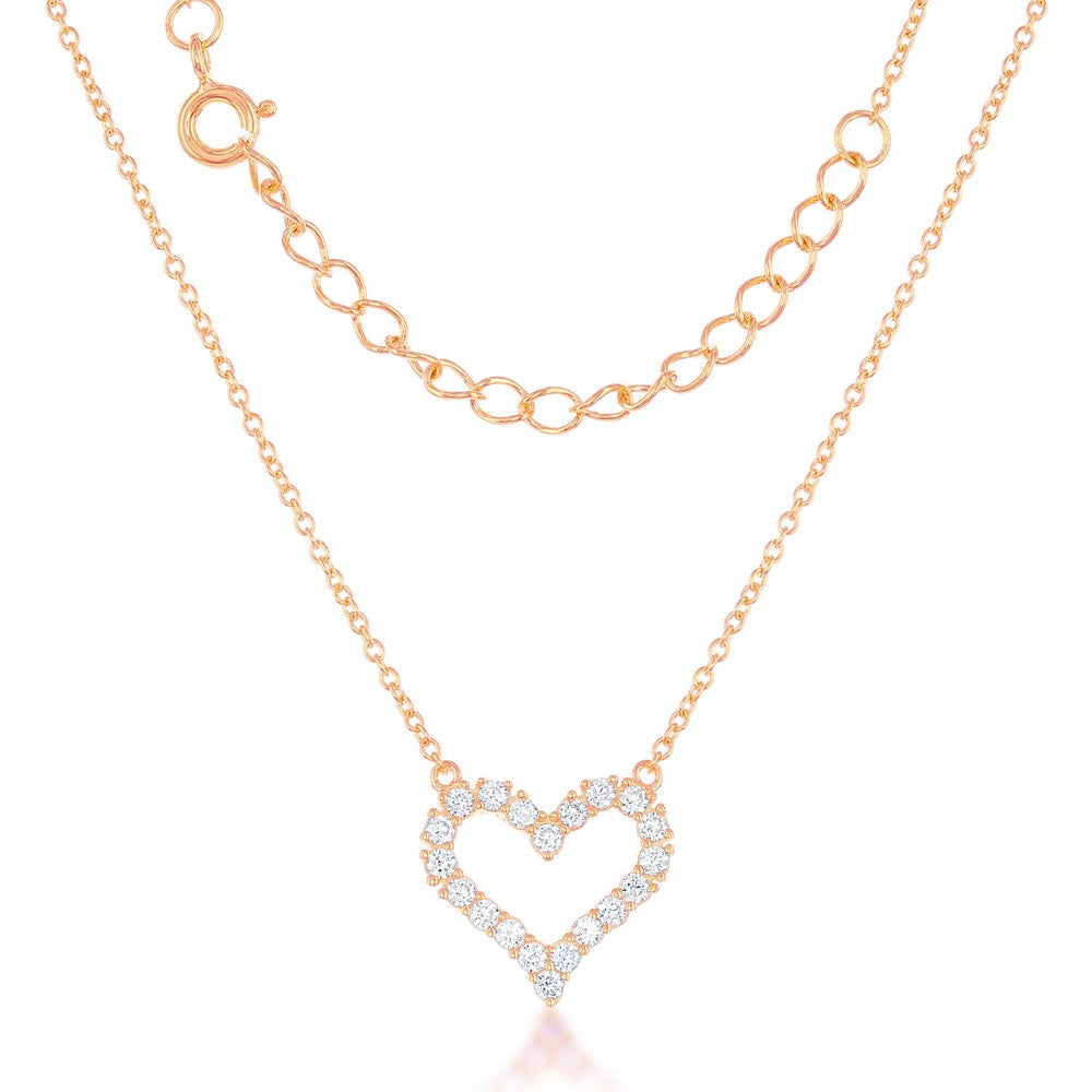 Sterling Silver Small Open CZ Heart Necklace - Rose Gold Plated