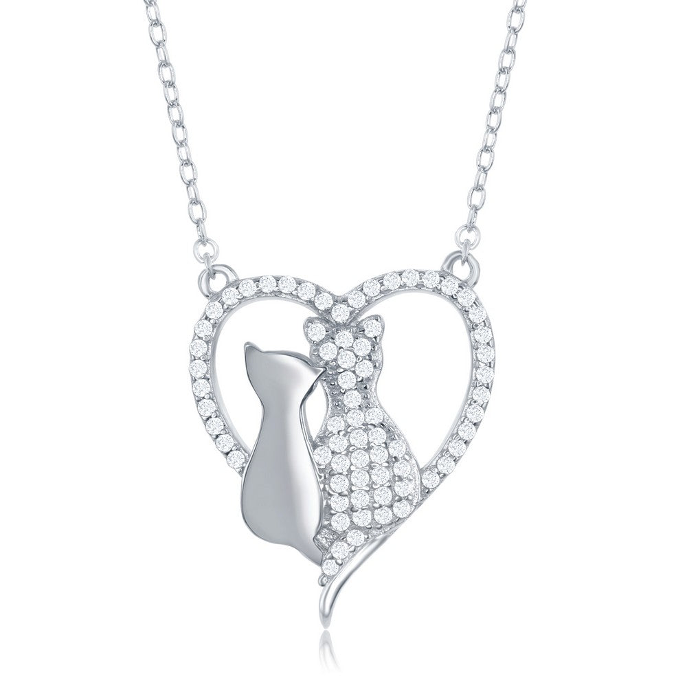 Sterling Silver CZ Heart with Two Center Cats Necklace