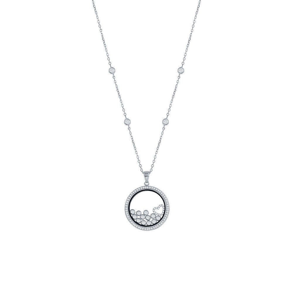 Sterling Silver CZ By the Yard w/ Floating Heart & Round CZ's in a Disc Necklace