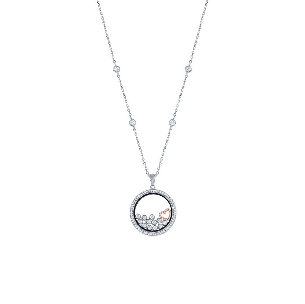 Sterling Silver CZ By the Yard w/ RG Floating Heart & Round CZ's in a Disc Necklace