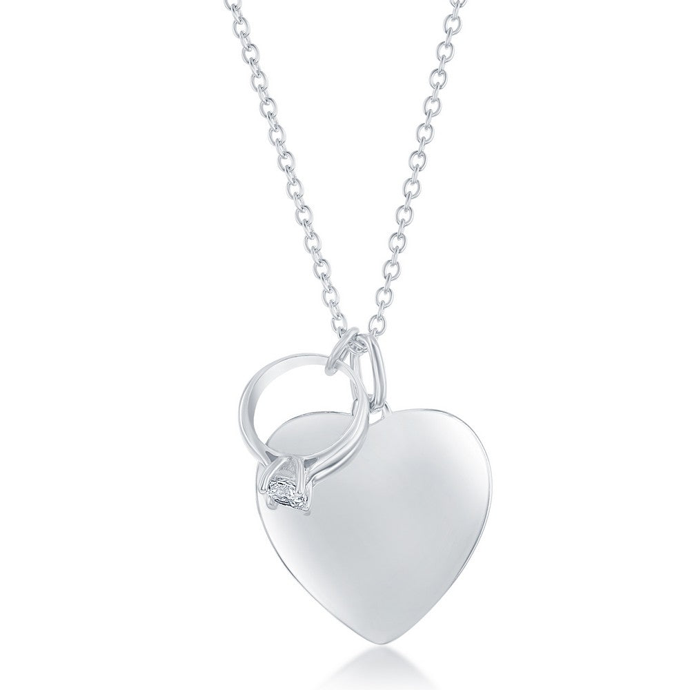 Sterling Silver Shiny Engravable Heart with CZ Engagement Ring Necklace