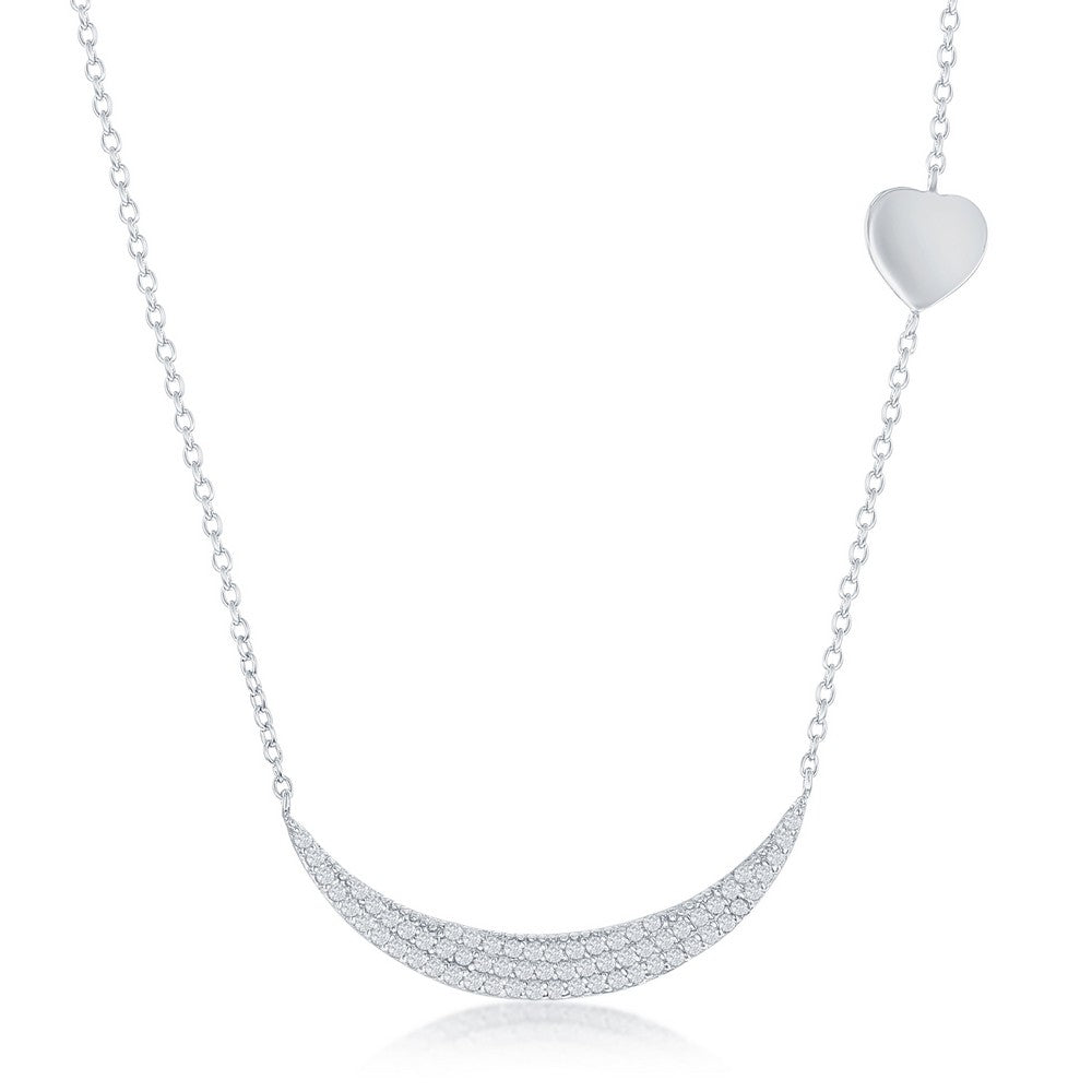 Sterling Silver Micro Pave Crescent with Sideways Shiny Heart Necklace