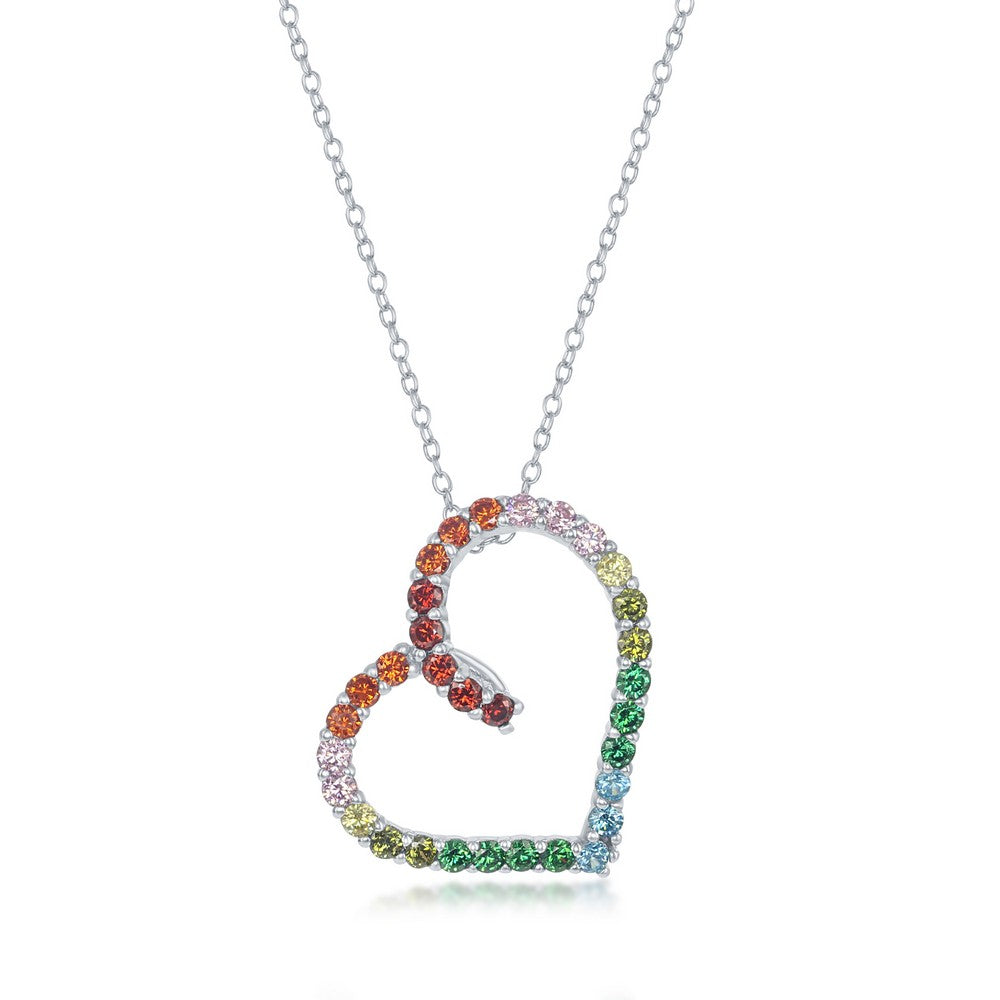 Sterling Silver Heart Open Rainbow CZ Necklace